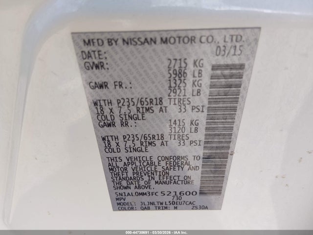 44730691 :رقم المزاد ، 5N1AL0MM3FC521600 vin ، 2015 Infiniti Qx60 مزاد بيع