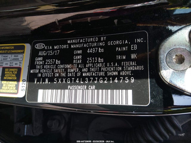 Aukcja sprzedaży 2018 Kia Optima Lx, vin: 5XXGT4L37JG214759, numer aukcji: 44730699