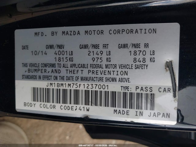 2015 Mazda Mazda3 I Grand Touring მანქანა იყიდება აუქციონზე, vin: JM1BM1M75F1237001, აუქციონის ნომერი: 44730717