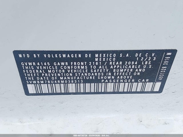 Aukcja sprzedaży 2024 Volkswagen Jetta 1.5t Sport, vin: 3VWBM7BU4RM038313, numer aukcji: 44730729