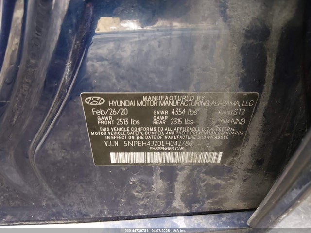 Aukcja sprzedaży 2020 Hyundai Sonata Limited, vin: 5NPEH4J20LH042780, numer aukcji: 44730731