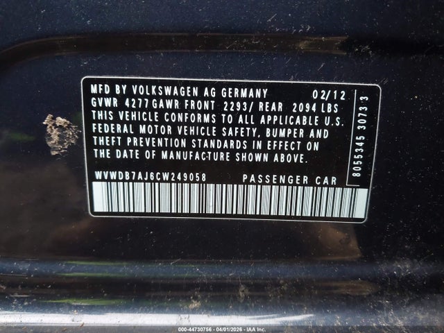 44730756 :رقم المزاد ، WVWDB7AJ6CW249058 vin ، 2012 Volkswagen Golf 2.5l 4-door مزاد بيع