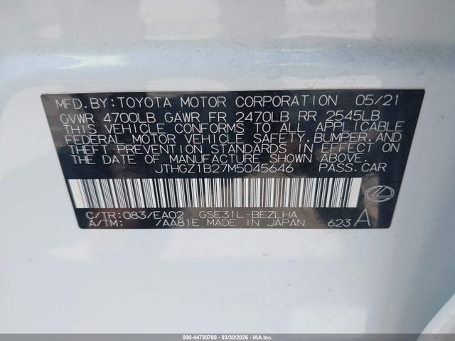 44730760 :رقم المزاد ، JTHGZ1B27M5045646 vin ، 2021 Lexus Is 350 F Sport مزاد بيع