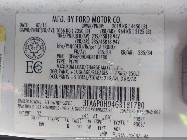 Aukcja sprzedaży 2016 Ford Fusion Se, vin: 3FA6P0HD4GR181780, numer aukcji: 44730783