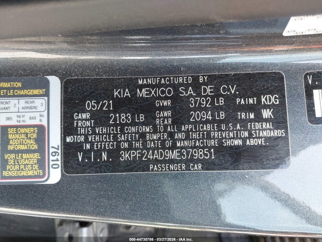 Продажа на аукционе авто 2021 Kia Forte Lxs, vin: 3KPF24AD9ME379851, номер лота: 44730786