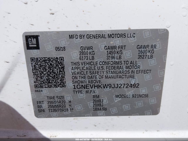 Продаж на аукціоні авто 2018 Chevrolet Traverse 3lt, vin: 1GNEVHKW9JJ272492, номер лоту: 44730790
