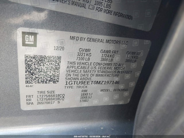 Aukcja sprzedaży 2021 Gmc Sierra 1500 4wd  Short Box At4, vin: 1GTU9EET0MZ197146, numer aukcji: 44730792