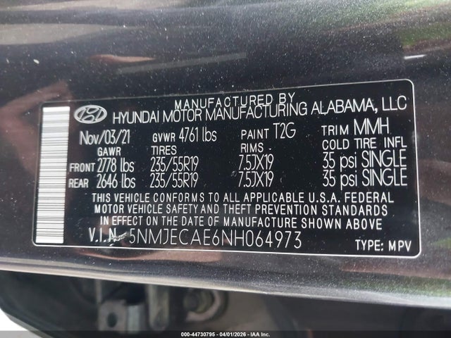 2022 Hyundai Tucson Limited მანქანა იყიდება აუქციონზე, vin: 5NMJECAE6NH064973, აუქციონის ნომერი: 44730795