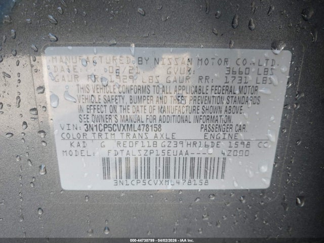44730799 :رقم المزاد ، 3N1CP5CVXML478158 vin ، 2021 Nissan Kicks Sv Xtronic Cvt مزاد بيع