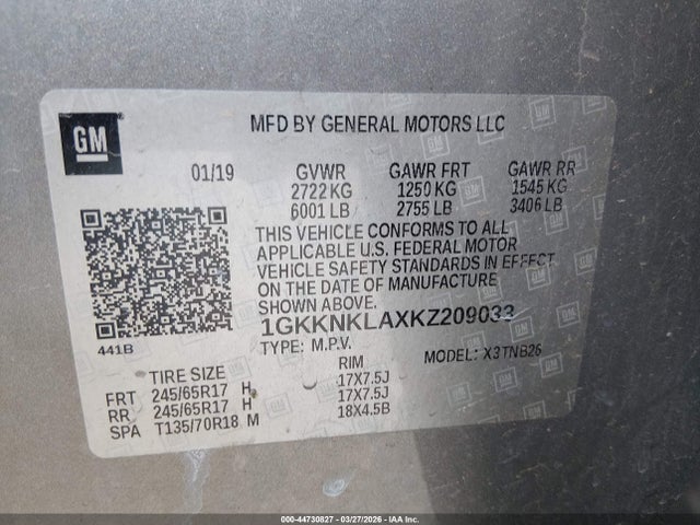 44730827 :رقم المزاد ، 1GKKNKLAXKZ209033 vin ، 2019 Gmc Acadia Sle-1 مزاد بيع