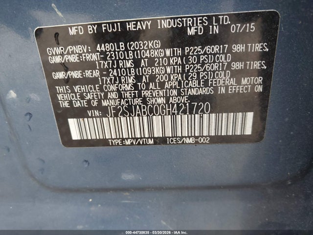 44730835 :رقم المزاد ، JF2SJABC0GH421720 vin ، 2016 Subaru Forester 2.5i مزاد بيع