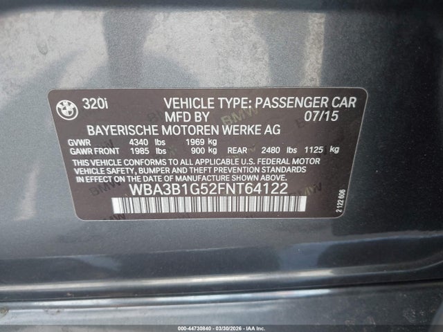 Продаж на аукціоні авто 2015 Bmw 320i, vin: WBA3B1G52FNT64122, номер лоту: 44730840