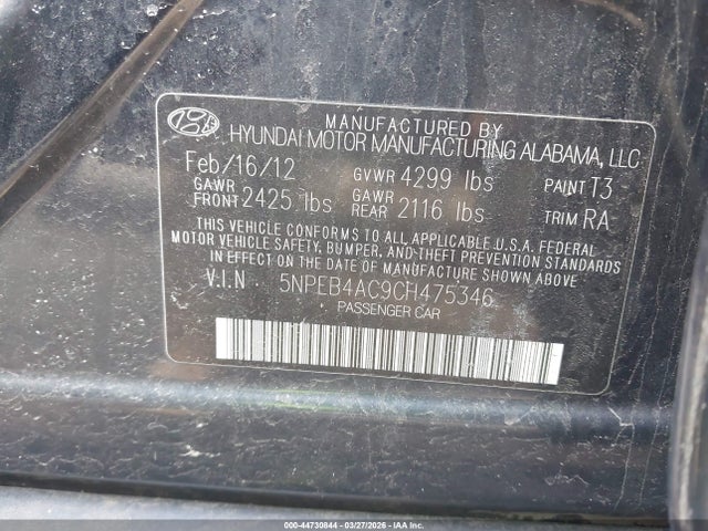 Aukcja sprzedaży 2012 Hyundai Sonata Gls, vin: 5NPEB4AC9CH475346, numer aukcji: 44730844