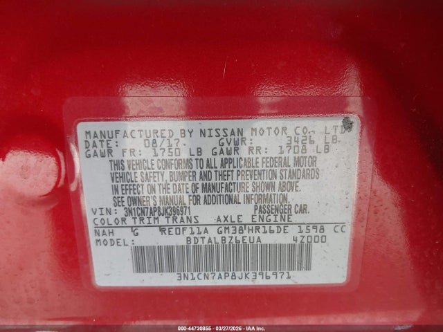3N1CN7AP8JK396971 Nissan Versa 1.6 Sv