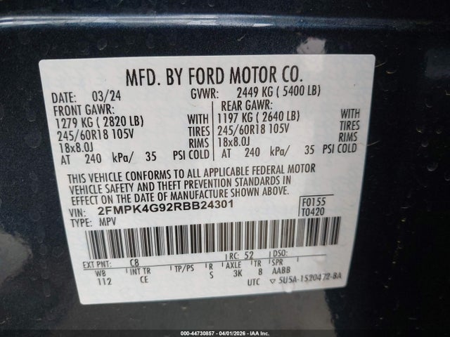 44730857 :رقم المزاد ، 2FMPK4G92RBB24301 vin ، 2024 Ford Edge Se مزاد بيع