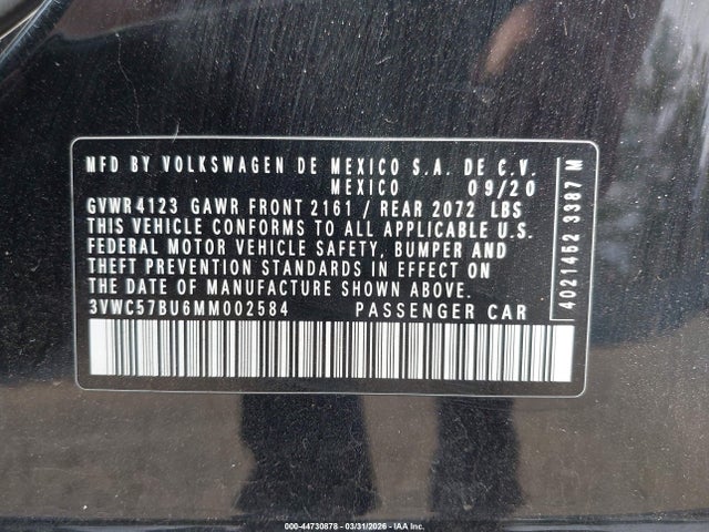 44730878 :رقم المزاد ، 3VWC57BU6MM002584 vin ، 2021 Volkswagen Jetta 1.4t R-line/1.4t S/1.4t Se مزاد بيع