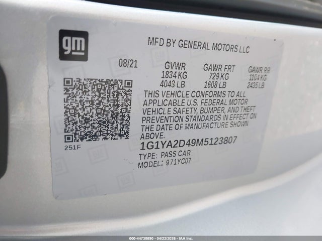 Продажа на аукционе авто 2021 Chevrolet Corvette Stingray Rwd  1lt, vin: 1G1YA2D49M5123807, номер лота: 44730890