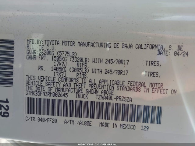 Auction sale of the 2024 Toyota Tacoma Sr5, vin: 3TMKB5FN3RM002645, lot number: 44730895