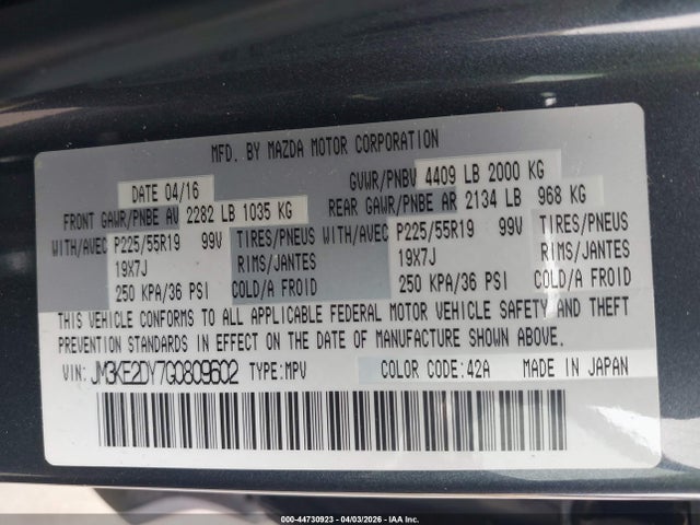 44730923 :رقم المزاد ، JM3KE2DY7G0809602 vin ، 2016 Mazda Cx-5 Grand Touring مزاد بيع