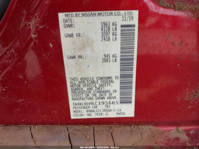 2020 Nissan Altima Sl Fwd მანქანა იყიდება აუქციონზე, vin: 1N4BL4EV9LC195665, აუქციონის ნომერი: 44730925