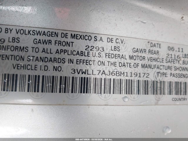 Продаж на аукціоні авто 2011 Volkswagen Jetta 2.0l Tdi, vin: 3VWLL7AJ6BM119172, номер лоту: 44730926