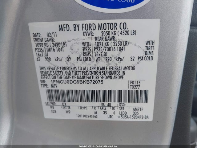 44730930 :رقم المزاد ، 1FMCU0DG6BKB72075 vin ، 2011 Ford Escape Xlt مزاد بيع