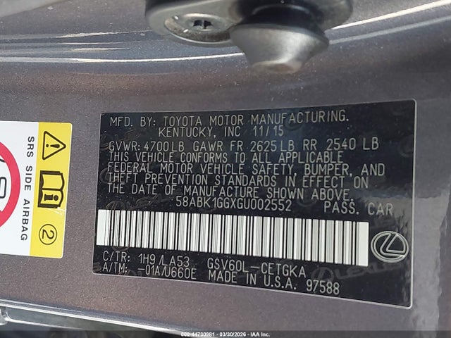 Aukcja sprzedaży 2016 Lexus Es 350, vin: 58ABK1GGXGU002552, numer aukcji: 44730981