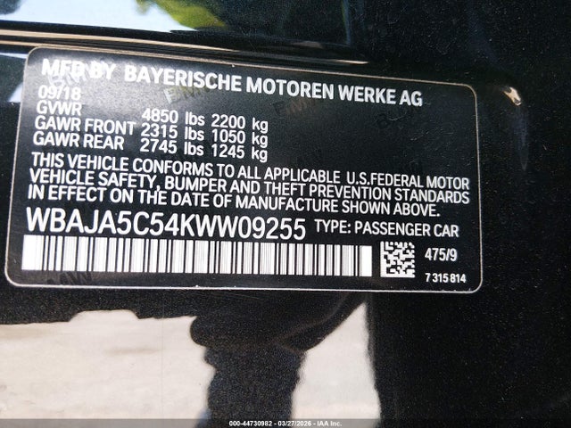 44730982 :رقم المزاد ، WBAJA5C54KWW09255 vin ، 2019 Bmw 530i مزاد بيع