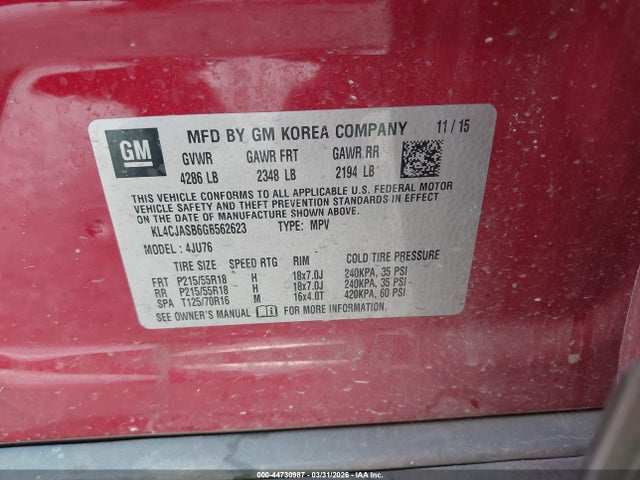 2016 Buick Encore მანქანა იყიდება აუქციონზე, vin: KL4CJASB6GB562623, აუქციონის ნომერი: 44730987