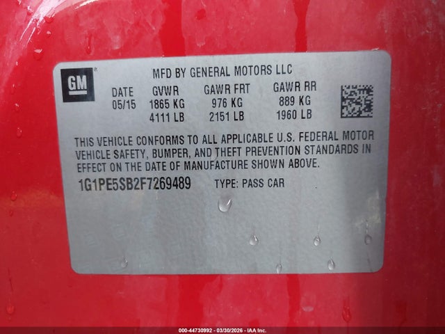 Продажа на аукционе авто 2015 Chevrolet Cruze 2lt Auto, vin: 1G1PE5SB2F7269489, номер лота: 44730992