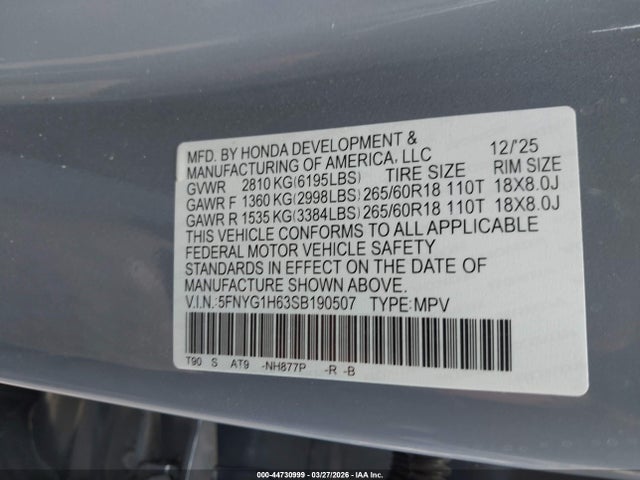 Продажа на аукционе авто 2025 Honda Pilot Trailsport, vin: 5FNYG1H63SB190507, номер лота: 44730999