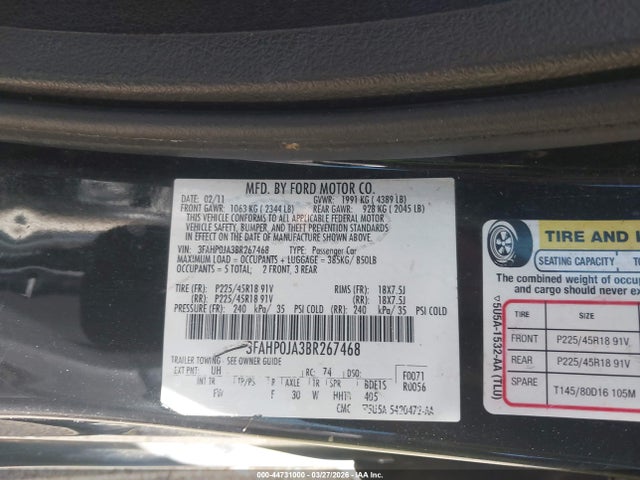 2011 FORD FUSION 3FAHP0JA3BR267468 Photo 8