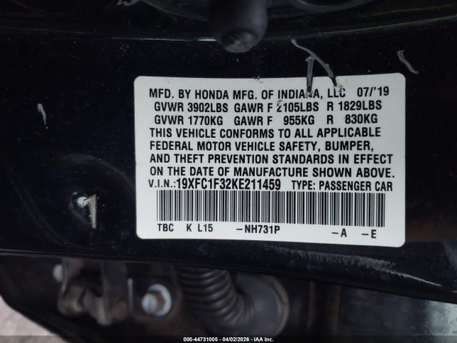 Aukcja sprzedaży 2019 Honda Civic Ex, vin: 19XFC1F32KE211459, numer aukcji: 44731005