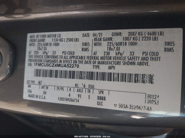44731008 :رقم المزاد ، 1FMCU0CZ4MUA52270 vin ، 2021 Ford Escape Sel Hybrid مزاد بيع