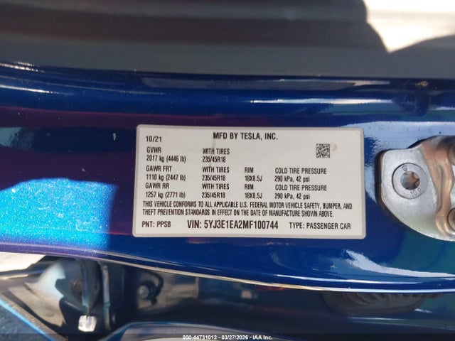 5YJ3E1EA2MF100744 Tesla Model 3 Standard Range Plus Rear-wheel Drive