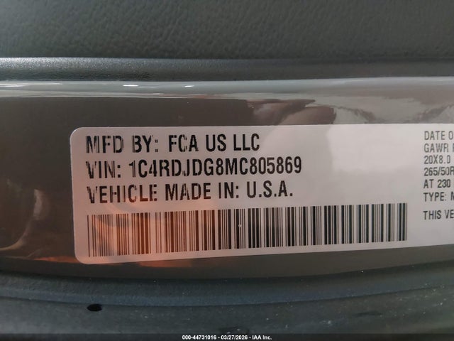 Продажа на аукционе авто 2021 Dodge Durango Gt Plus Awd, vin: 1C4RDJDG8MC805869, номер лота: 44731016