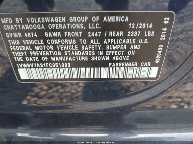 Aukcja sprzedaży 2015 Volkswagen Passat 2.0l Tdi Se, vin: 1VWBV7A31FC051393, numer aukcji: 44731024