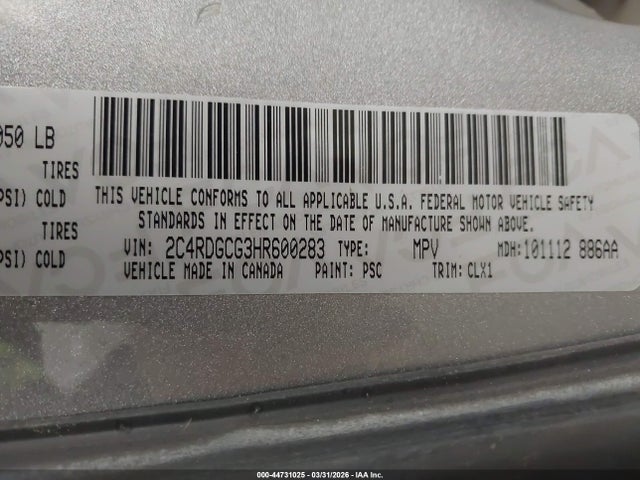 Aukcja sprzedaży 2017 Dodge Grand Caravan Sxt, vin: 2C4RDGCG3HR600283, numer aukcji: 44731025