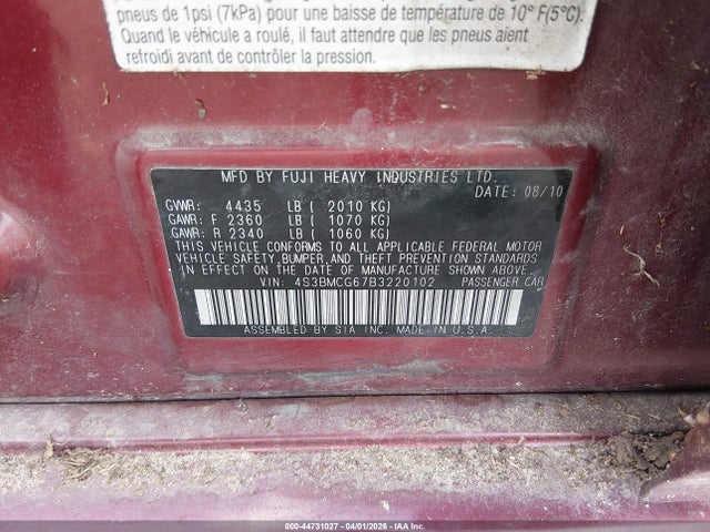 2011 Subaru Legacy 2.5i Premium მანქანა იყიდება აუქციონზე, vin: 4S3BMCG67B3220102, აუქციონის ნომერი: 44731027