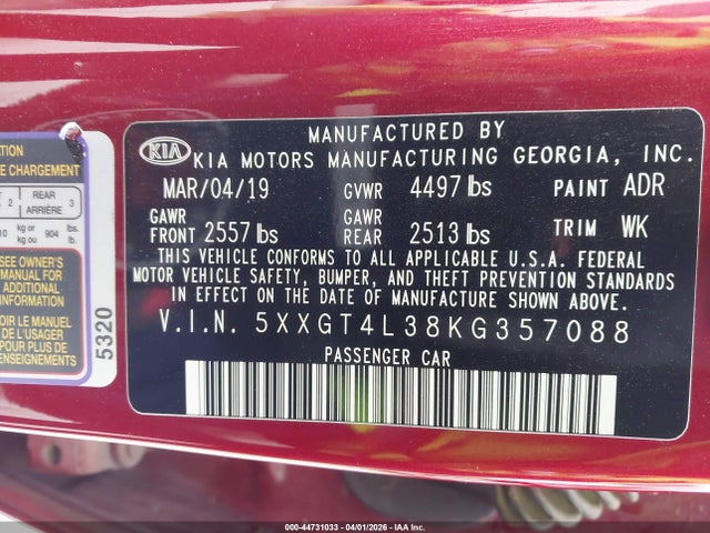 5XXGT4L38KG357088 KIA Optima S
