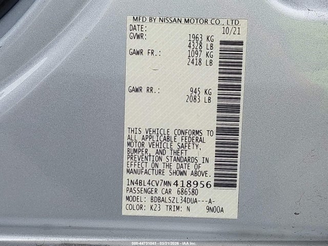 1N4BL4CV7MN418956 Nissan Altima Sr Fwd