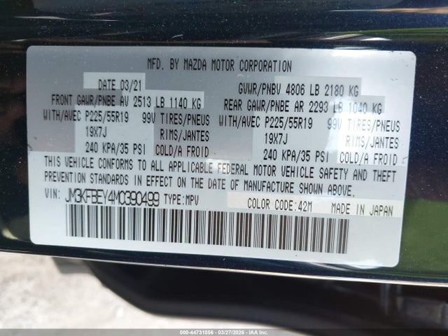 44731056 :رقم المزاد ، JM3KFBEY4M0390499 vin ، 2021 Mazda Cx-5 Signature مزاد بيع