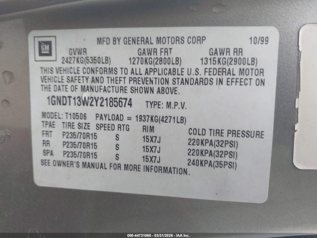 Aukcja sprzedaży 2000 Chevrolet Blazer, vin: 1GNDT13W2Y2185674, numer aukcji: 44731060