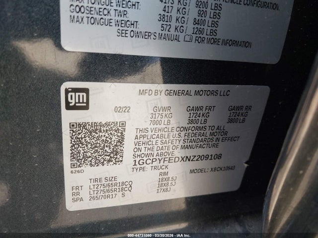 1GCPYFEDXNZ209108 Chevrolet Silverado 1500 Ltd 4wd Short Bed Lt Trail Boss