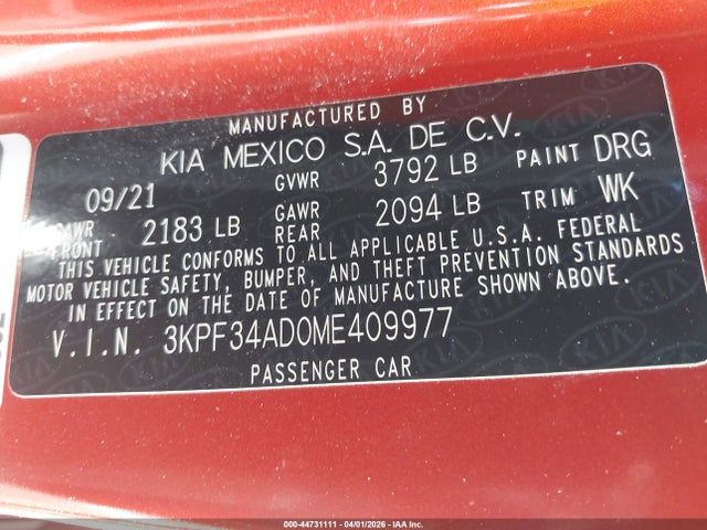 Продажа на аукционе авто 2021 Kia Forte Gt-line, vin: 3KPF34AD0ME409977, номер лота: 44731111
