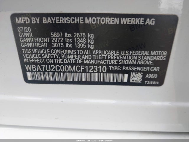 44731124 :رقم المزاد ، WBA7U2C00MCF12310 vin ، 2021 Bmw 750i Xdrive مزاد بيع