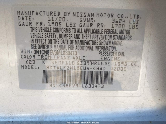 44731134 :رقم المزاد ، 3N1CN8EV9ML830473 vin ، 2021 Nissan Versa Sv Xtronic Cvt مزاد بيع