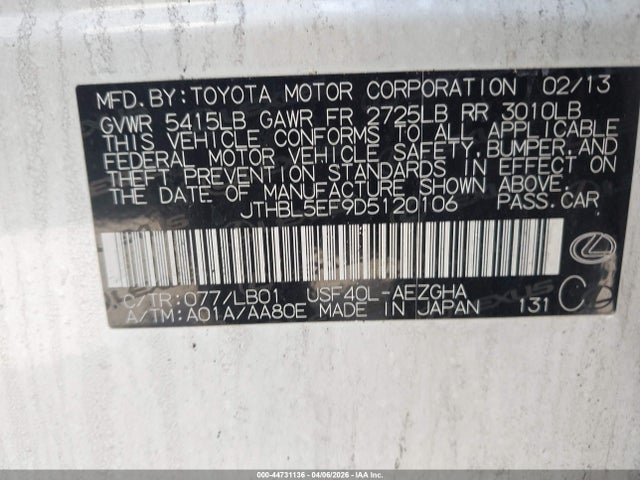 44731136 :رقم المزاد ، JTHBL5EF9D5120106 vin ، 2013 Lexus Ls 460 مزاد بيع