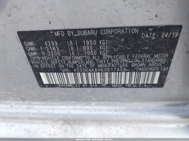 Продаж на аукціоні авто 2019 Subaru Impreza 2.0i, vin: 4S3GKAA6XK3617439, номер лоту: 44731139