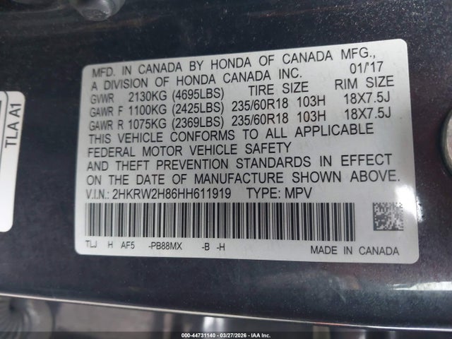 2HKRW2H86HH611919 Honda Cr-v Ex-l/ex-l Navi